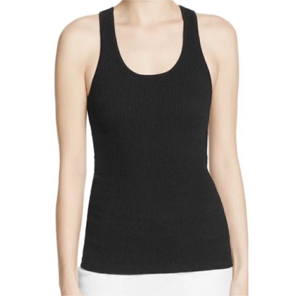 Theory Smocked Cotton Tank Black Size S Ribbed Stretch Minimalist Luxury Basic